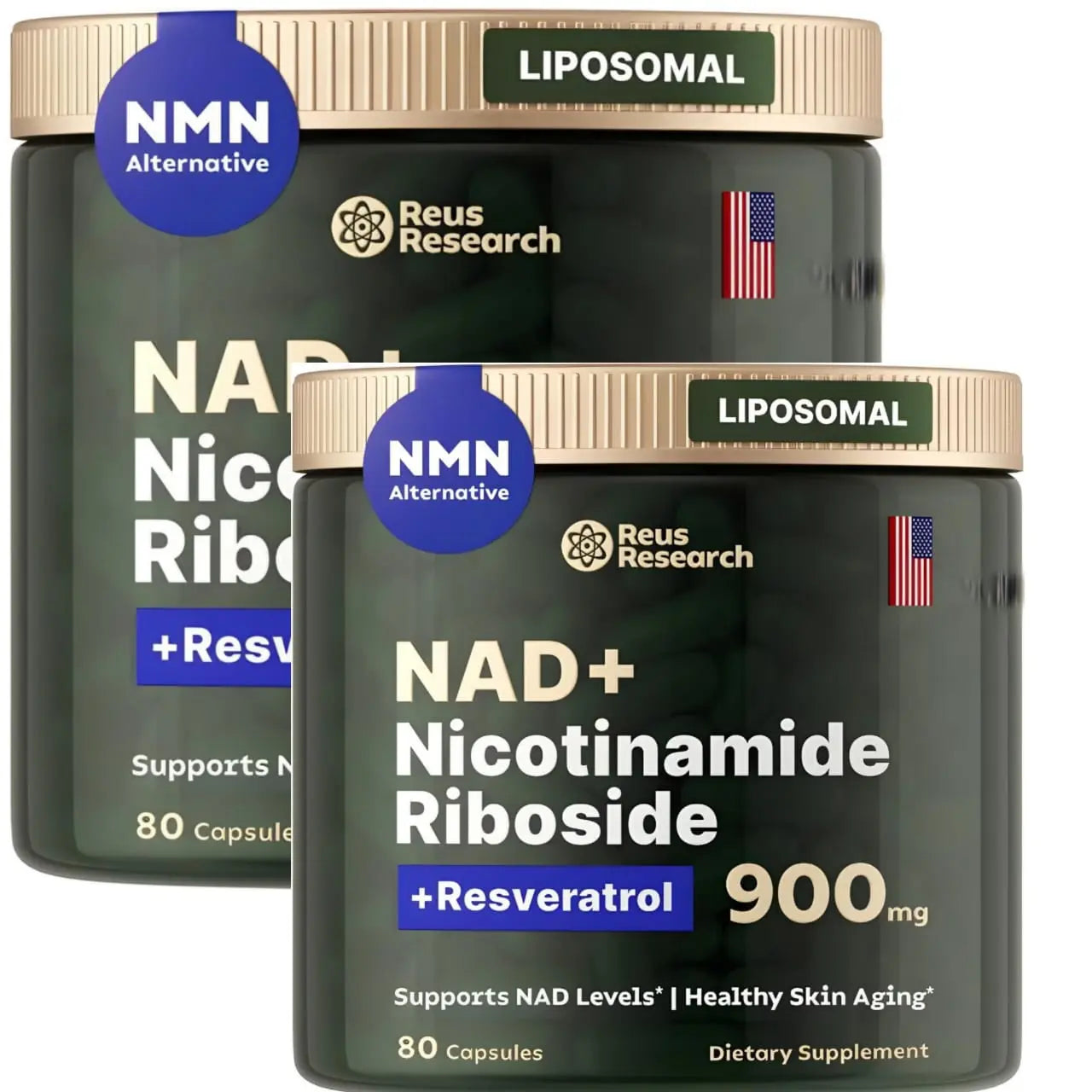 Reus Research Nicotinamide Riboside 900 mg- Pack of 2 Liposomal Nicotinamide Riboside w/Resveratrol & Quercetin - High Purity NAD Supplement for Anti-Aging, Energy, Focus - 80 Capsules - Beautglo